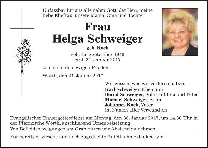 Traueranzeige Helga Schweiger