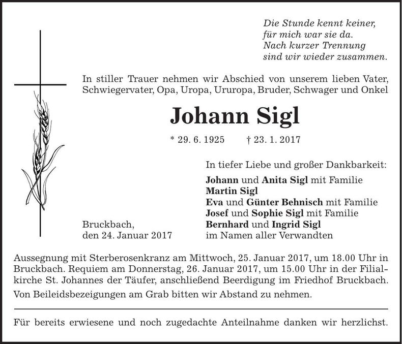 Traueranzeige Johann Sigl