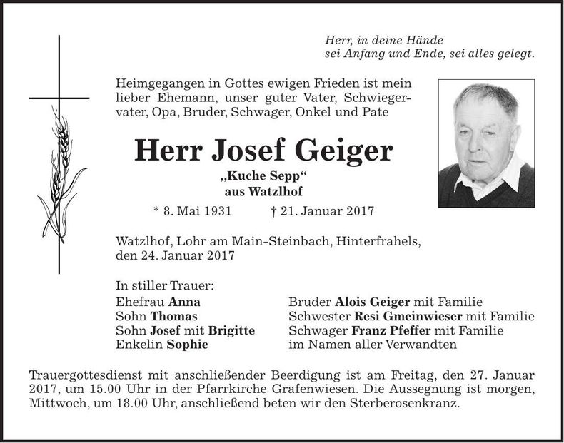 Traueranzeige Josef Geiger