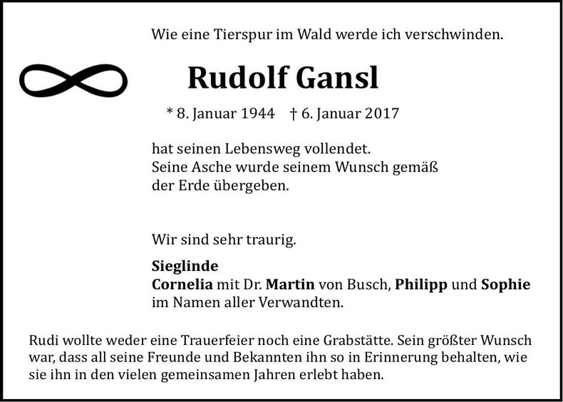 Traueranzeige Rudolf Gansl