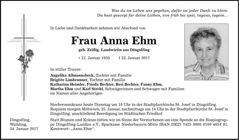 Traueranzeige Anna Ehm