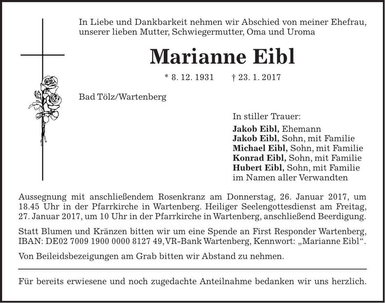 Traueranzeige Marianne Eibl