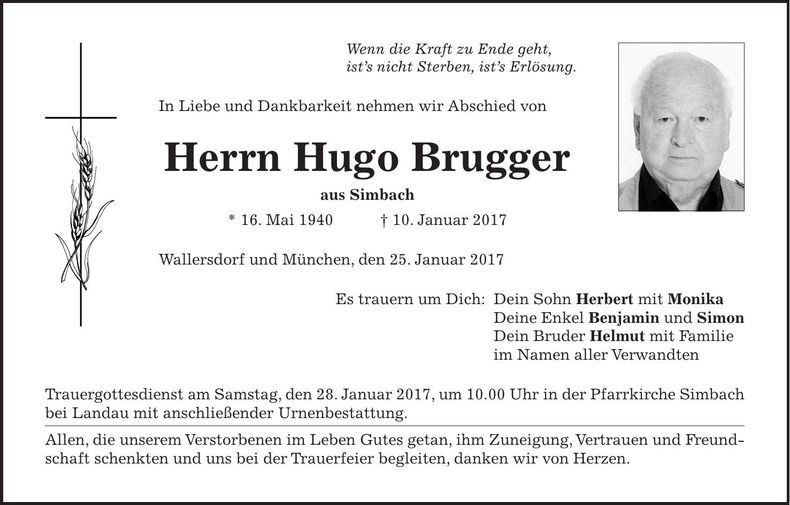 Traueranzeige Hugo Brugger