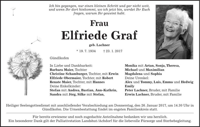 Traueranzeige Elfriede Graf