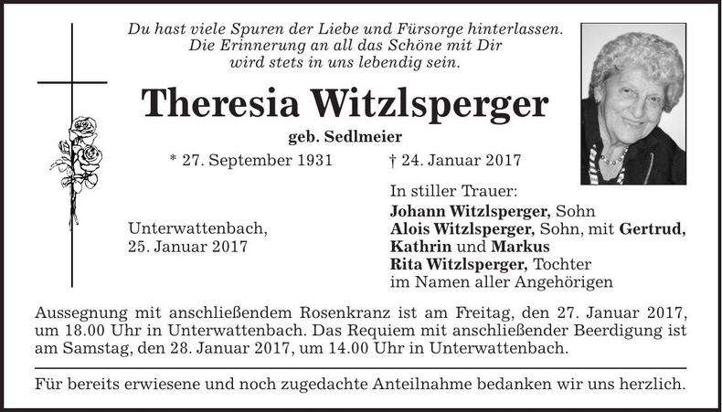 Traueranzeige Theresia Witzlsperger