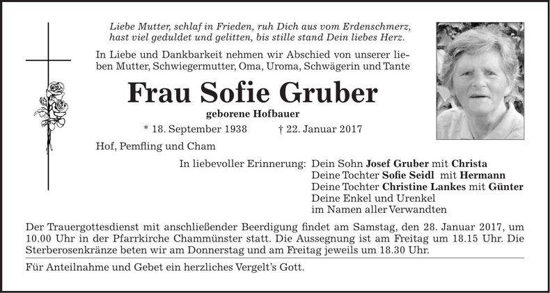 Traueranzeige Sofie Gruber