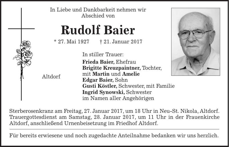 Traueranzeige Rudolf Baier