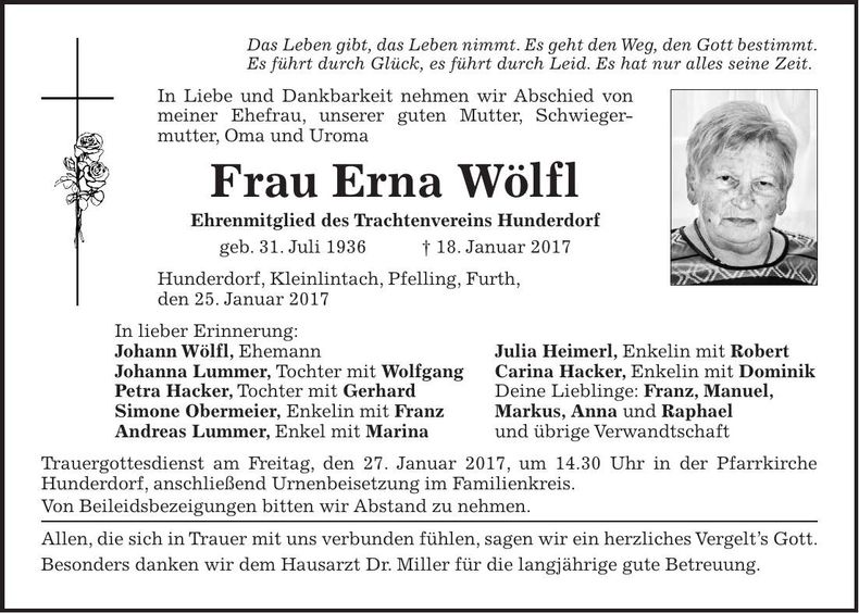 Traueranzeige Erna Wölfl