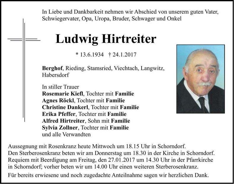 Traueranzeige Ludwig Hirtreiter