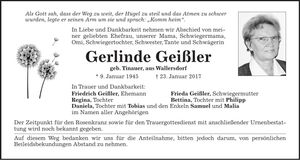 Traueranzeige Gerlinde Geißler
