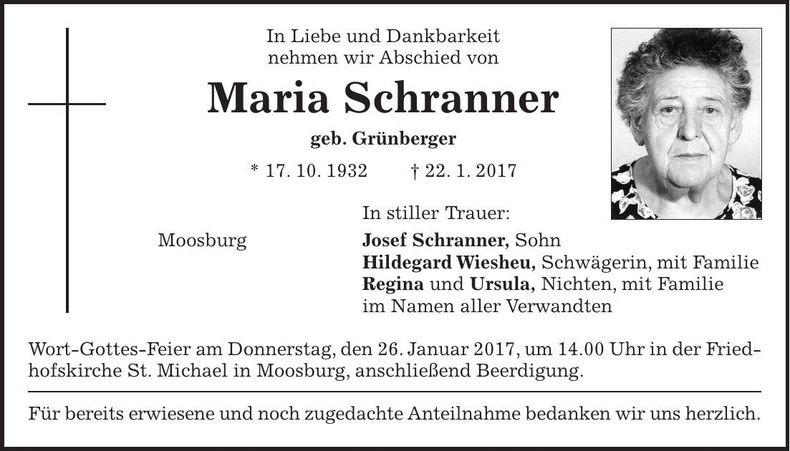 Traueranzeige Maria Schranner