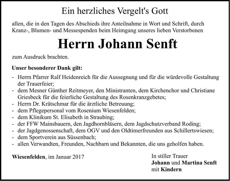 Traueranzeige Johann Senft