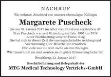 Traueranzeige Margarete Puschek