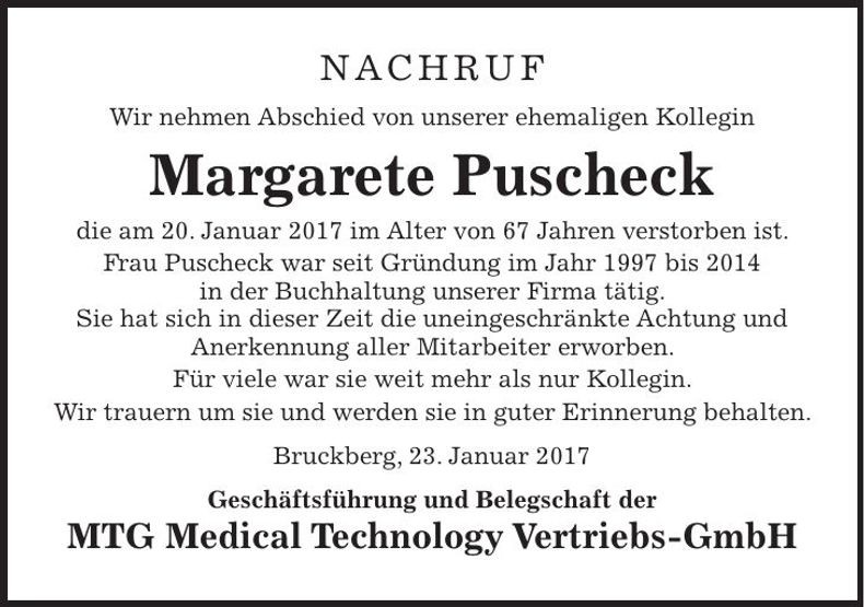 Traueranzeige Margarete Puschek