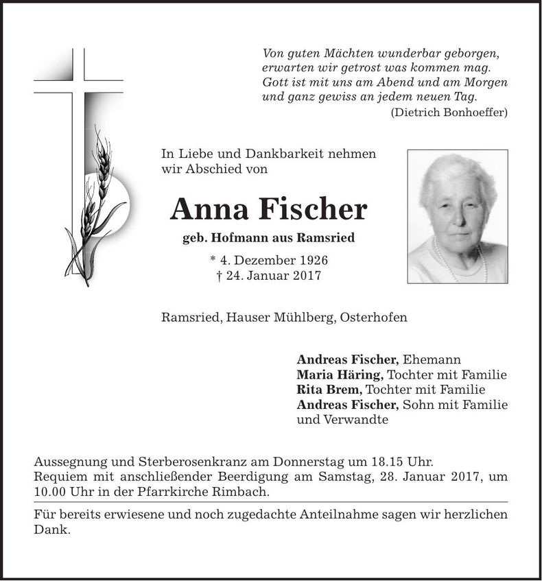 Traueranzeige Anna Fischer