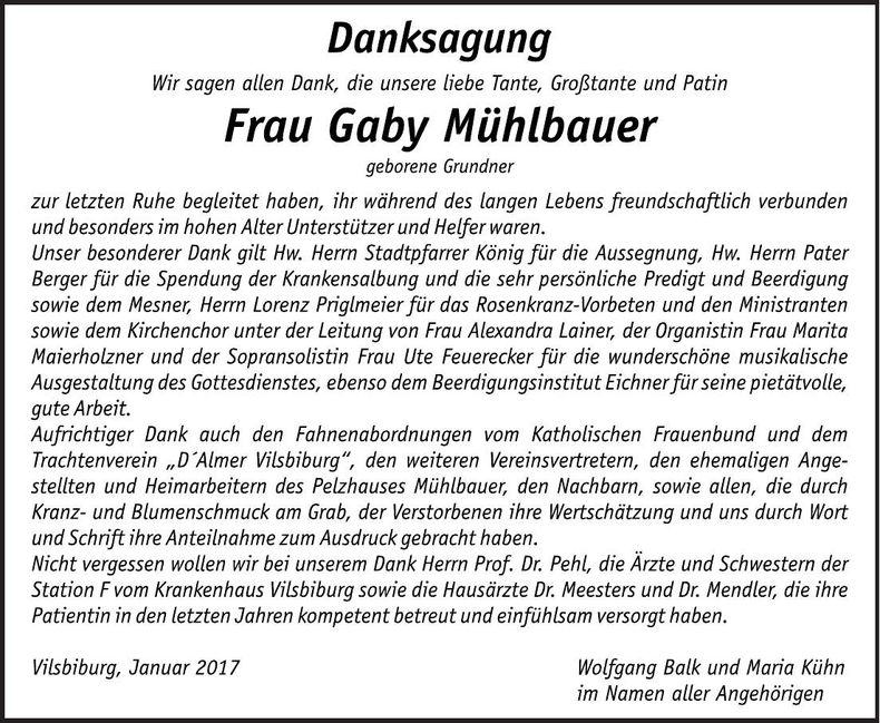 Traueranzeige Gabriele Mühlbauer