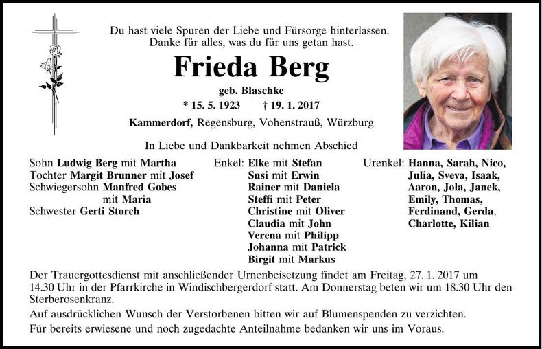 Traueranzeige Frieda Berg