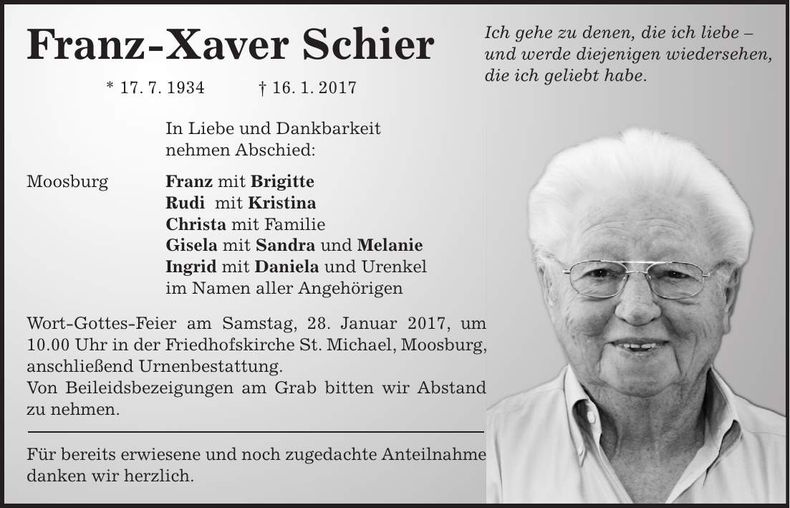 Traueranzeige Franz-Xaver Schier
