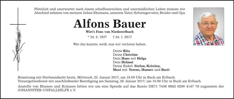 Traueranzeige Alfons Bauer