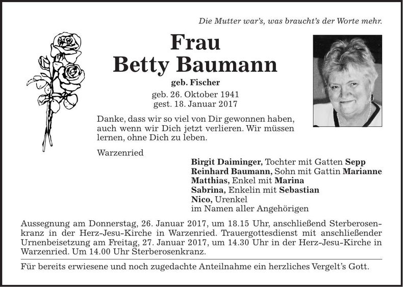 Traueranzeige Betty Baumann