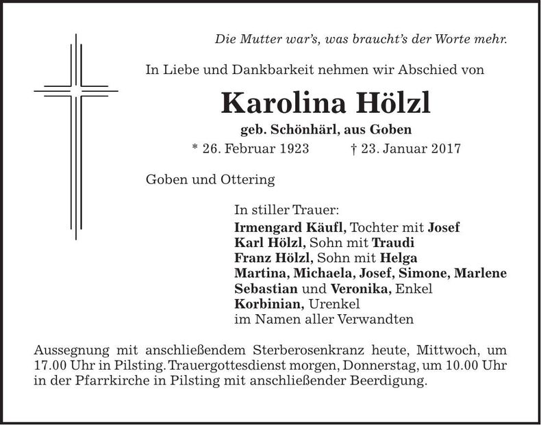 Traueranzeige Karolina Hölzl