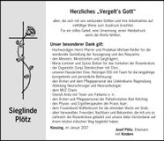 Traueranzeige Sieglinde Plötz