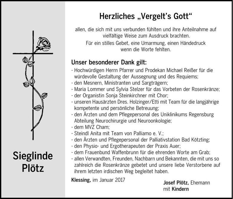 Traueranzeige Sieglinde Plötz