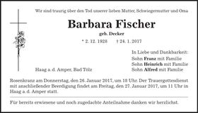 Traueranzeige Barbara Fischer