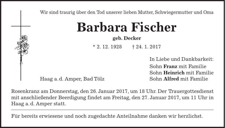 Traueranzeige Barbara Fischer