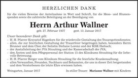 Traueranzeige Arthur Wallner