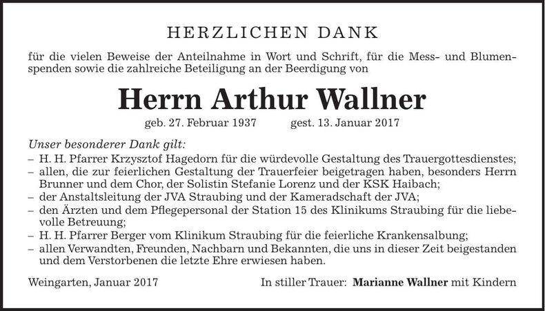 Traueranzeige Arthur Wallner