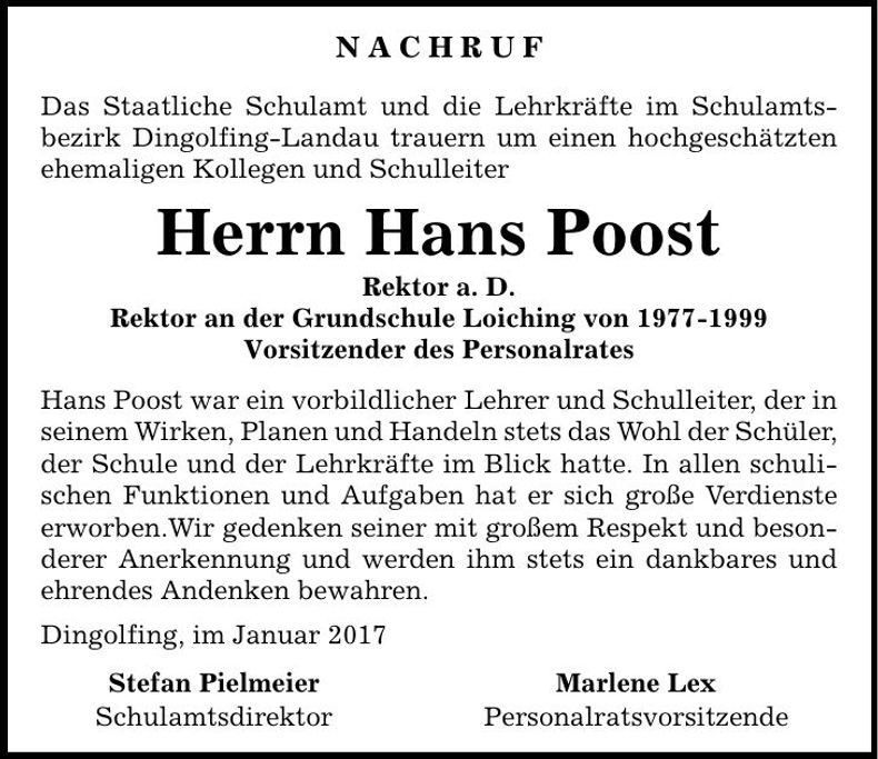 Traueranzeige Hans Poost