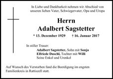 Traueranzeige Adalbert Sagstetter