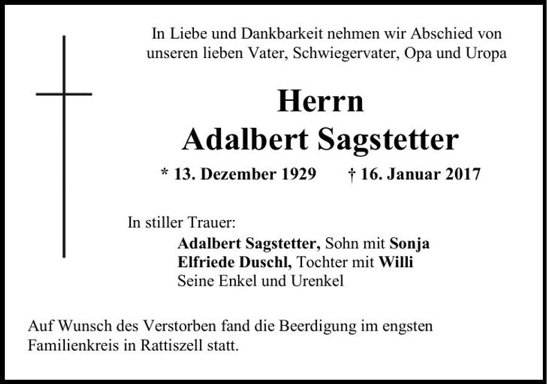 Traueranzeige Adalbert Sagstetter