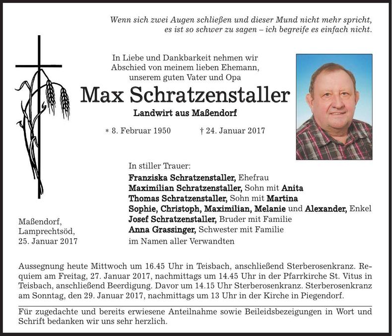 Traueranzeige Max Schratzenstaller