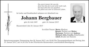 Traueranzeige Johann Bergbauer