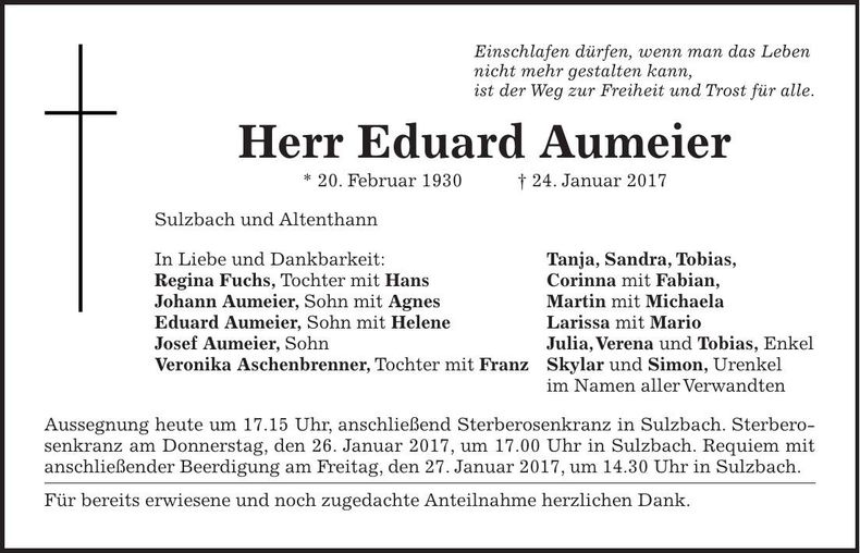 Traueranzeige Eduard Aumeier