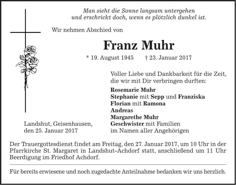 Traueranzeige Franz Muhr