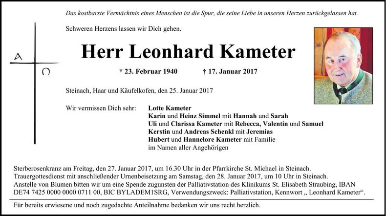 Traueranzeige Leonhard Kameter