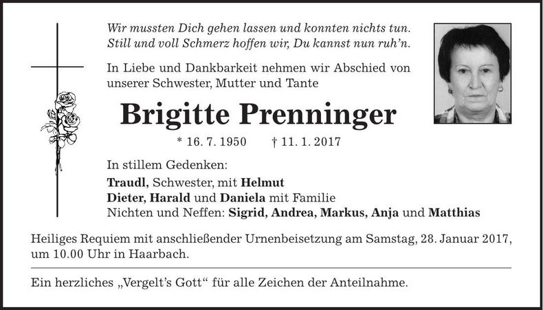Traueranzeige Brigitte Prenninger