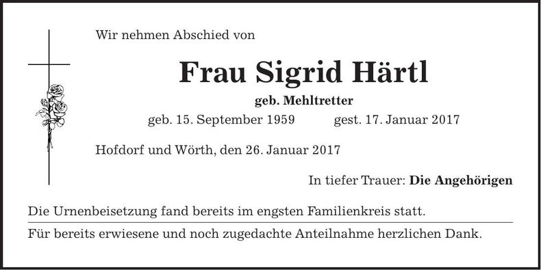 Traueranzeige Sigrid Härtl