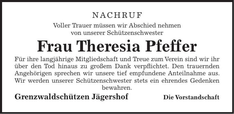 Traueranzeige Theresia Pfeffer
