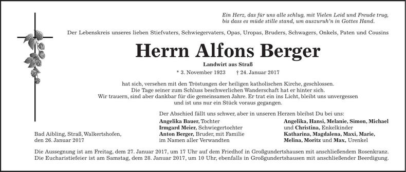 Traueranzeige Alfons Berger
