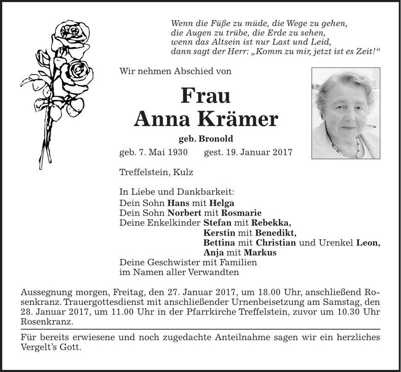 Traueranzeige Anna Krämer