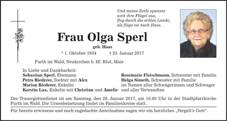 Traueranzeige Olga Sperl