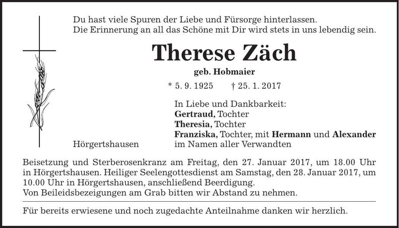 Traueranzeige Therese Zäch