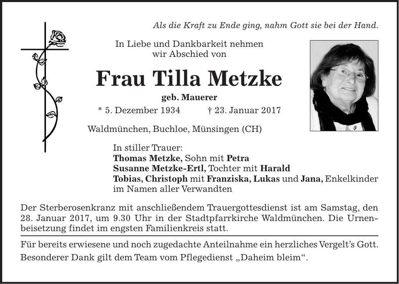 Traueranzeige Tilla Metzke