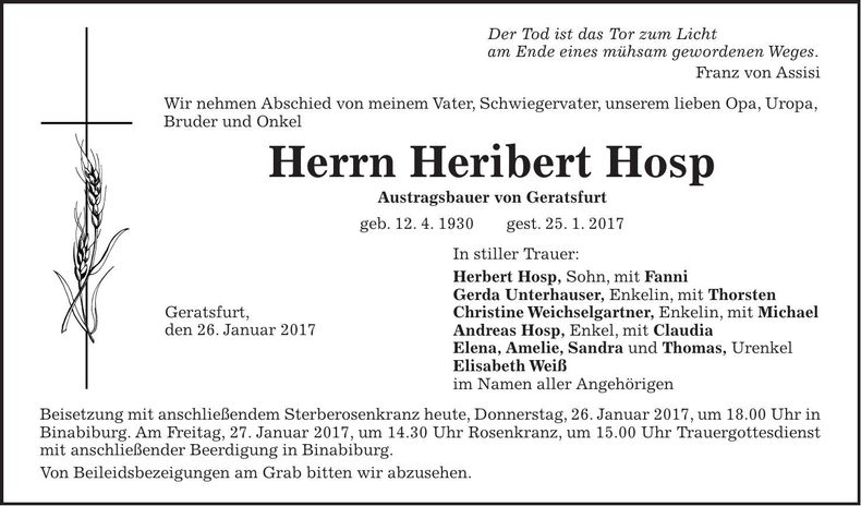 Traueranzeige Heribert Hosp