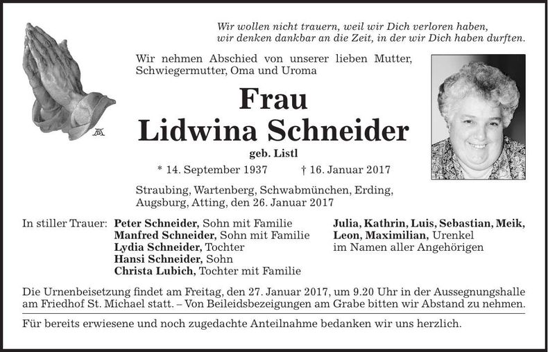 Traueranzeige Lidwina Schneider