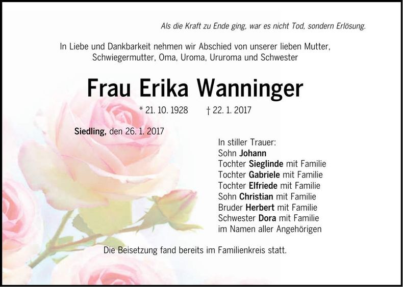 Traueranzeige Erika Wanninger
